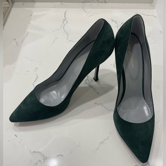 Sergio Rossi Dark Green Suede Pointed Toe Pumps Heels - Picture 16 of 16